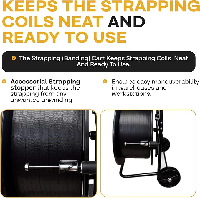 IDL Packaging Strapping Cart & Dispenser for PP Strapping (8" x 8" Core) | CA-240H for Polypropylene (PP) Coils - Durable Sturdy Tube Frame - Spacious Tray for Cutter, Buckles and Gloves