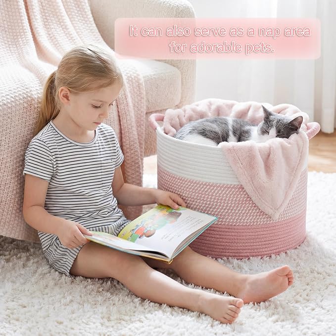 Artfeel 40L Large Cotton Rope Basket, Decorative Woven Blanket Storage for Living Room, Boho Toy Storage & Toy Box for Kids, Versatile Laundry Basket & Nursery Hamper for Blankets(Pink)