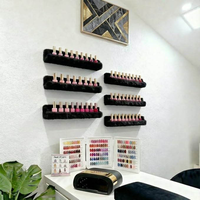 Wall-Mounted Nail Polish Organizer Rack - 15-Inch Plush Nail Polish Shelf, Makeup & Beauty Essentials Storage - Multi-Purpose Display Holder for Small Space, Vanity Bathroom, 6 Pack Black