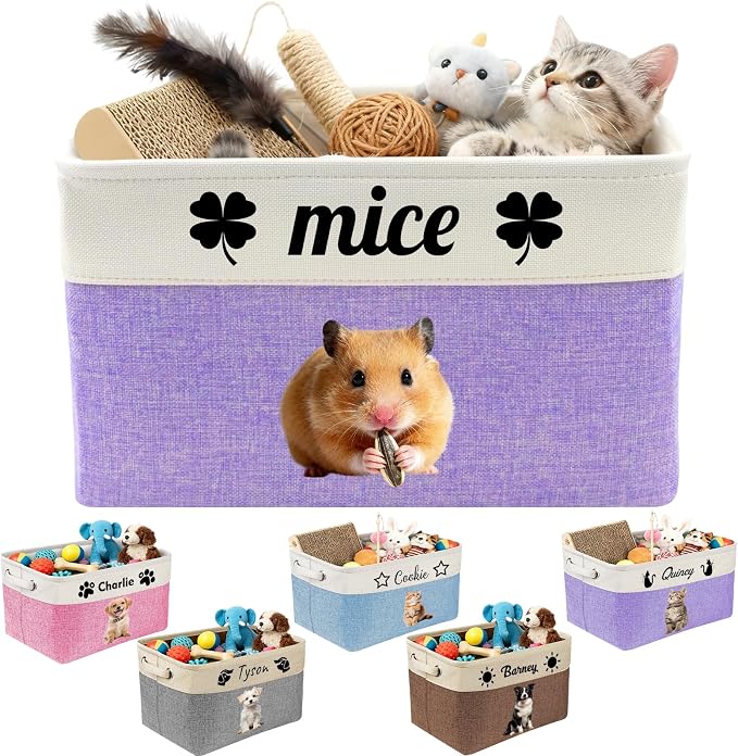 Amlion Personalized Dog Toy Basket Storage,Custom Pet Collapsible Bins with Name Photo Customized Box Organizer for Toys Dolls Clothing - Purple