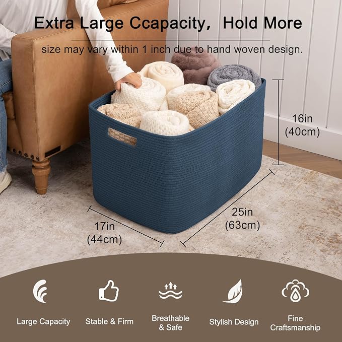 OIAHOMY 118L XXXLarge Rope Storage Basket, Oversized Blanket Basket Blue | 25" x 17" x 16" Used for Organizing Dirty Clothes in Living Room, Bedroom, Nursery, Extra Large Basket,Dog Toy Storage Bins