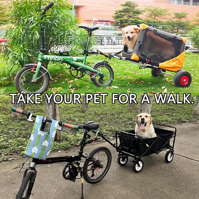 Bike Trailer Hitch for Wagon Camping Rolling Cart Collapsible Wagon with 360° Swivel Joint & Shock Absorber, Quick-Release Clamps for Folding Wagons, Pet Carts & Garden Trailers