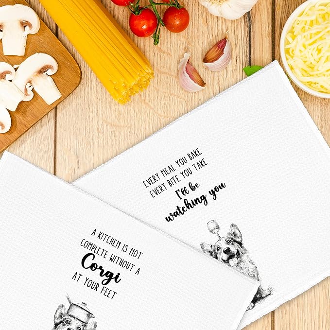 Funny Dog Corgi Kitchen Towels Set of 2, Cute Dish Towel Gifts for Dog Lovers Mom Christmas, Every Meal You Bake Hand Towels Decor for Bathroom, Rustic Tea Bar Towel for Dining Room 16x24in