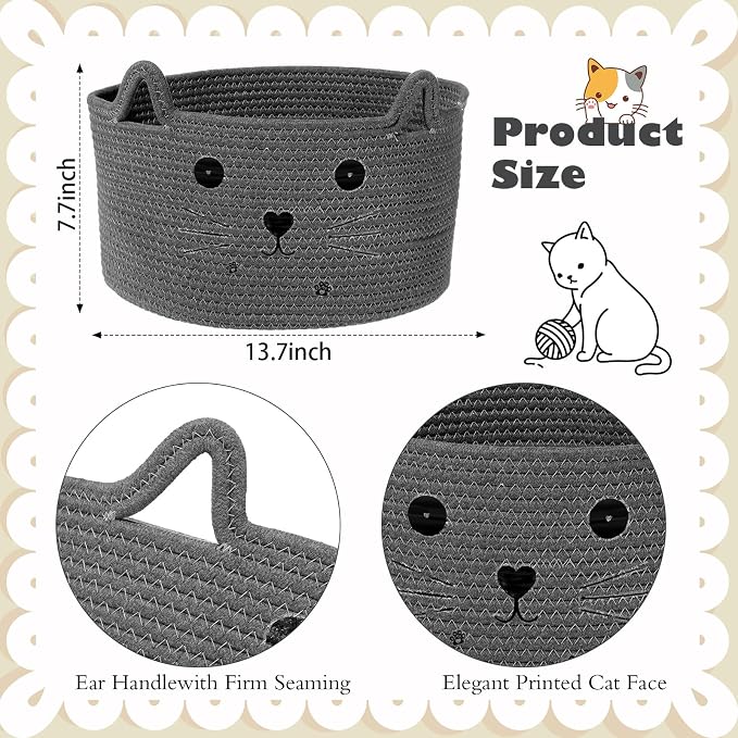 Zopeal Cat Storage Basket Woven Organizer with Ears Decorative Gift Cute Cotton Rope Pet Toy Basket for Gift Cat Dog Toy Bin Nursery Room(13.7 x 7.8 Inch,Dark Grey)