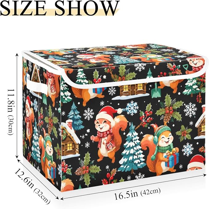 Storage Bins with Lid Christmas Squirrel Foldable Storage Boxes 40L Baskets | Decorative Storage Boxes, 300D Oxford Cloth, Hollow Board Frame, Flip Top Velcro Lid, 16.5x12.6x11.8 inch, Collapsible Design