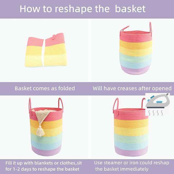 Woven Cotton Rope Laundry Basket Hamper 16" x 22" Large Rainbow | Rope storage basket for dirty clothes, toys and blankets. Perfect for bathroom, baby nursery and living room storage.