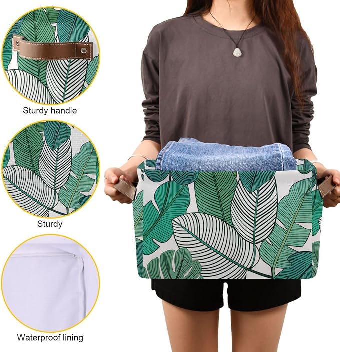 Tropical Leaves Bin - Large Storage Basket for Home Office, 15x11x9.5inch, 2PACK