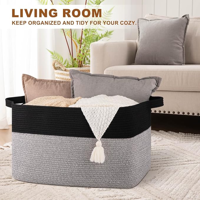 OIASKET 90L Extra Large Blanket Basket Living Room, 24"x16.9"x14.2" | Rectangle Woven Laundry Hamper, Nursery Blanket Storage Living Room, Toy Storage With Handle, Large Baskets for Organizing