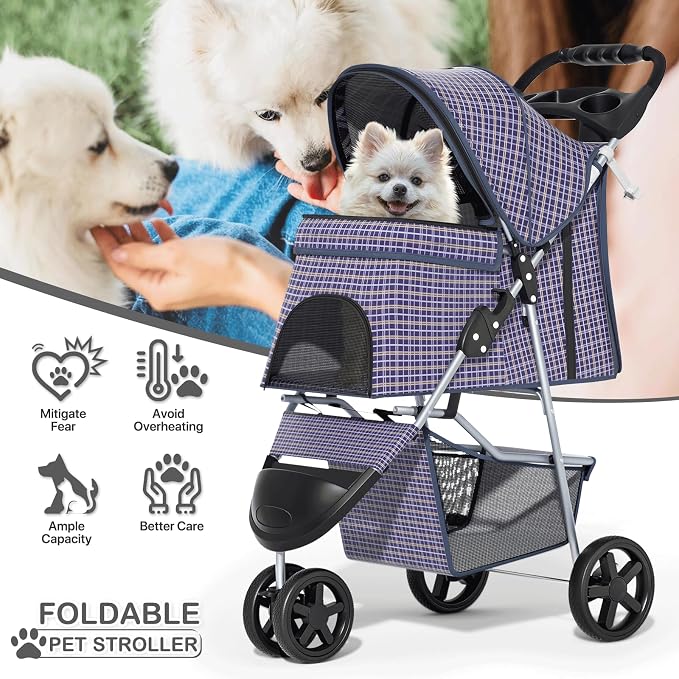 MoNiBloom Pet Stroller for Small/Medium Dogs and Cats up to 33 lbs, Plaid | Foldable Dog Stroller 3 Wheels Pet Strolling Cart w/ Storage Basket Cup Holder, Breathable and Visible Mesh for All-Season