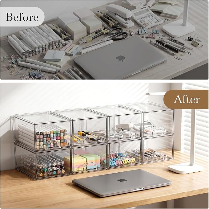 8 Pack Small Clear Stackable Acrylic Storage Boxes & Drawers | Storage Organizer, Clear Plastic Makeup Organizer, Ideal for Vanity, Cabinet, Desk Organization, Art Tool & Sketch