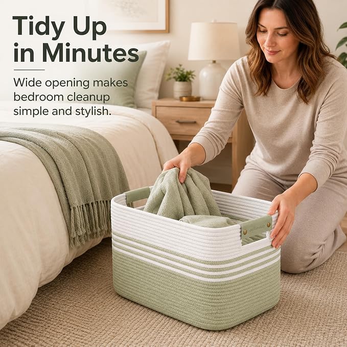 22.8GAL Xl Extra Large Laundry Basket for Bathroom, Dorm Dirty Clothes, Sturdy Portable Aesthetic Boho Cute Woven Storage Shoes Blanket Baskets for Living Room Decor Girls Boys Pets Toys White Green