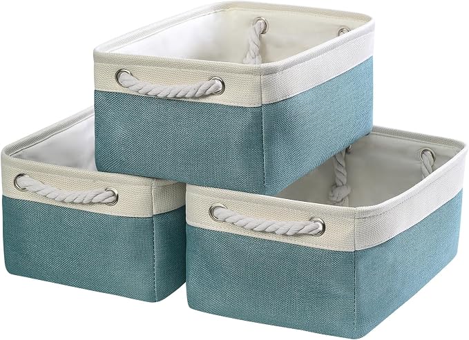 Fabric Storage Bins Baskets for Organizing,Sturdy Storage Basket W/Handles, Decorative Foldable Storage Baskets for Shelves Closet Nursery Toy (White&Teal, Medium - 3 Pack)
