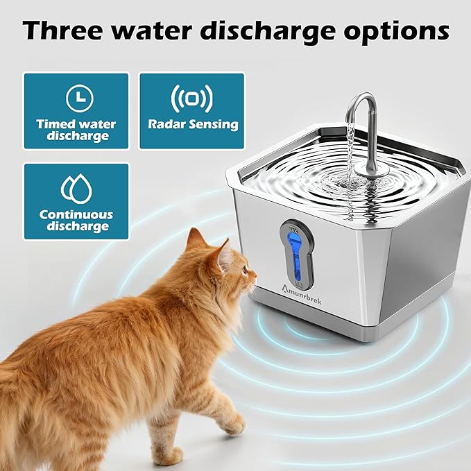 Amunrbrek Wireless Cat Water Fountain, 3.5L Stainless Steel, Smart App & Motion Sensor Control, Battery Operated, Silent Pump, Low Water Alert & Drinking Tracking
