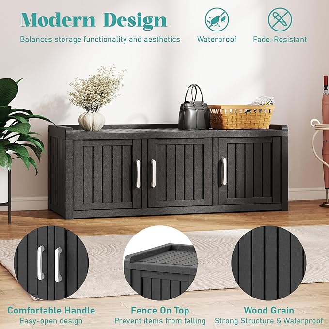 NUNU LAB Shoe Storage Cabinet, Waterproof Shoe Organizer with Adjustable Shelves, UV-Resistant Entryway Shoe Cabinet Bench with 3 Barn Doors for Indoor Outdoor, Foyer, Hallway, Living Room,Black