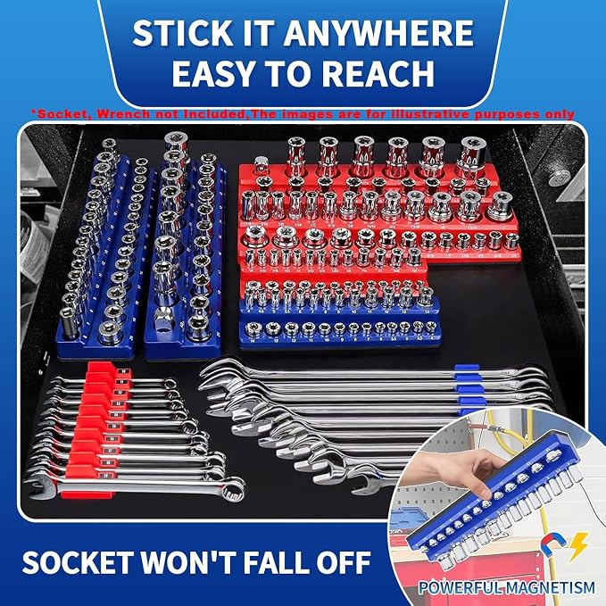 8-Piece Magnetic Socket and Wrench Organizer Set for Tool Box | 6 magnetic socket trays + 2 wrench racks for toolbox drawers; fits 1/4, 3/8 and 1/2 in metric/SAE; tools not included