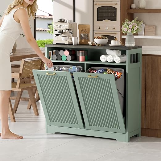 Pet-Proof Double 13 Gallon Tilt Out Trash Can Cabinet with Open Storage – Hide Garbage & Recycling Bins to Keep Your Kitchen Clean and Organized,Green
