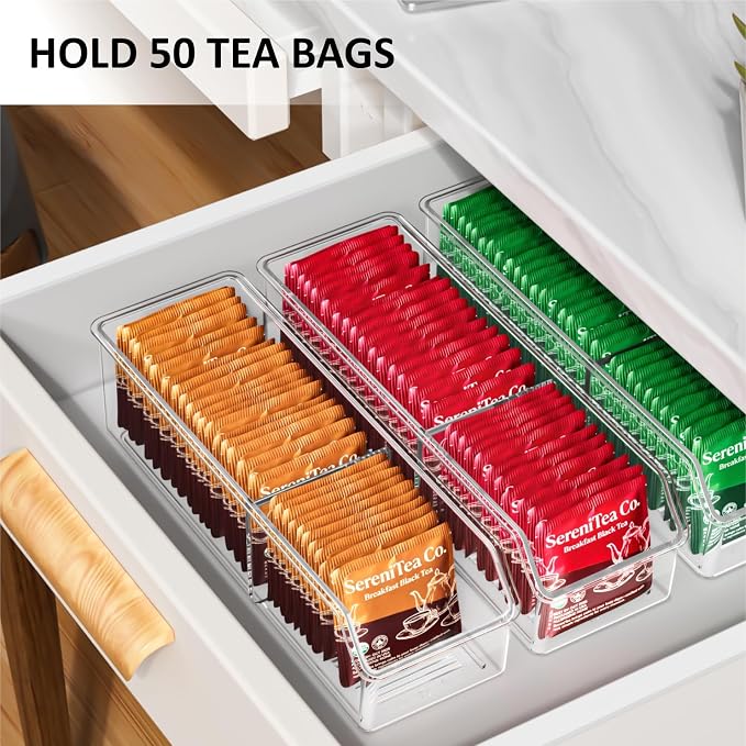 2 Pcs Tea Bag Organizer,Tea Bag Holder Box Storage Bin, Clear Drawer Drawer | Plastic, Sugar Packet, Coffee, Condiment, Spice Bag Holder, for Kitchen Cabinet, Countertop, Fridge