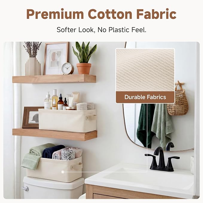 StorageWorks Narrow Storage Bins, Toilet Paper Storage, Beige, 2-Pack | Cottlyn Fabric, With Metal Frame, Sturdy Structure, Reinforced PU Handles, Small Baskets for Bathroom, Closet, Shelf