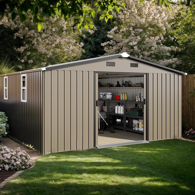 10x12 FT Outdoor Metal Storage Shed, Large Storage Shed with Two Daylight Windows, Outdoor Tool Shed with 0.23mm Color Steel Plate and Surface Protective Film, Brown