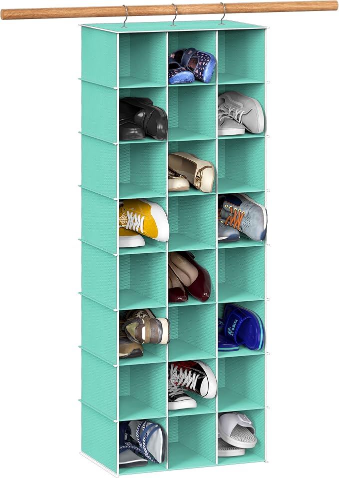 Simple Houseware 24 Section Shelves Hanging Shoes Organizer, Turquoise | 3 Metal Hooks, 8 Tier, Holds Up to 24 lbs