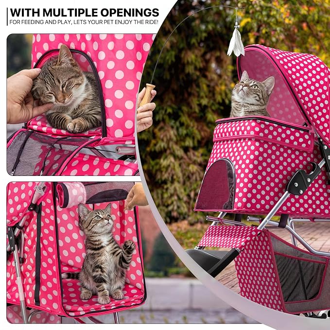 MoNiBloom Pet Stroller for Small/Medium Dogs and Cats, Hot Pink Polka Dots | Foldable Dog Stroller 3 Wheels Pet Strolling Cart w/ Storage Basket Cup Holder, Breathable and Visible Mesh for All-Season