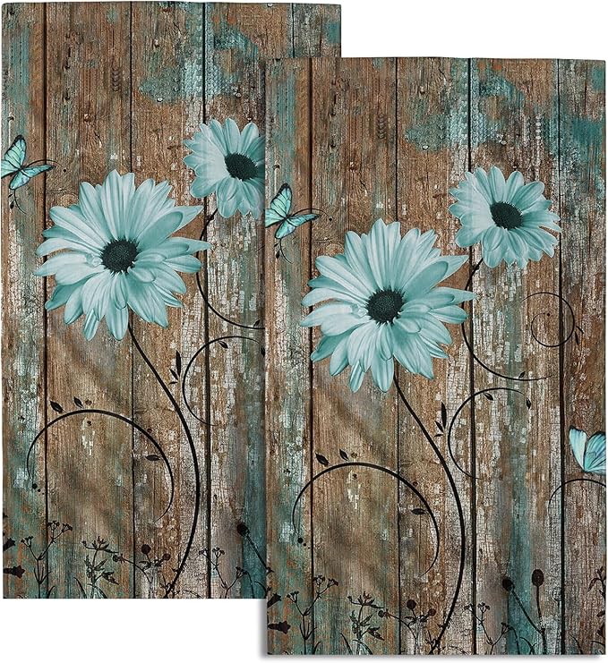 Giwawa Rustic Barn Sunflower Wooden Hand Towel 15x30 Set of 2, Fall Teal Daisy Flower Plank Fingertip Towel Retro Board Face Towel Country Barnwood Washcloth for Bathroom Farmhouse Log Cabin