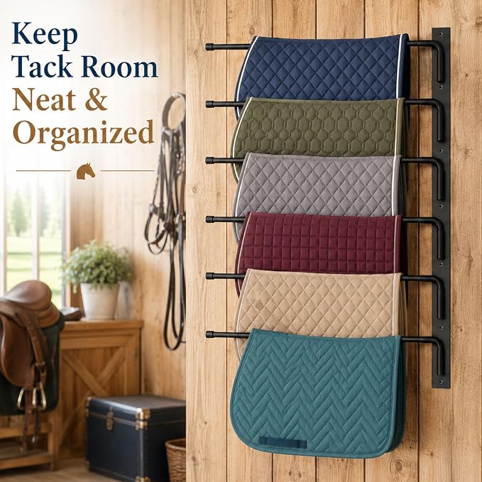 6-Tier Wall Mount Saddle Pad Rack, Heavy Duty Rotating Horse Tack Organizer | 6 Rotating Arms Saddle Pad Rack, corrosion-resistant finish，Heavy Duty Steel Holds 90 lbs, Wall Mounted Horse Tack Storage