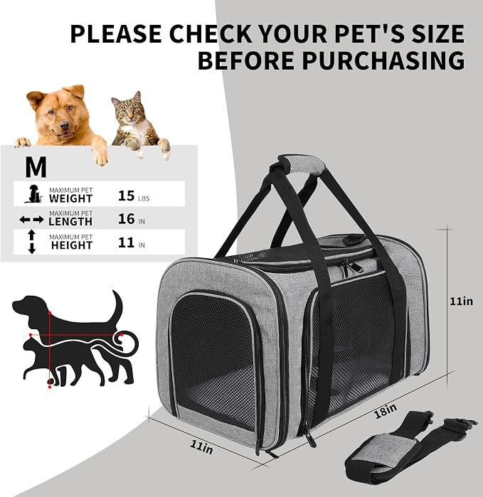 Carriers Soft-Sided Pet Carrier Case for Small Medium Cats Dogs Puppy Under 15 lbs,Airline Approved Cat Carrier with 4 Ventilated Windows (Medium,Grey&Black)