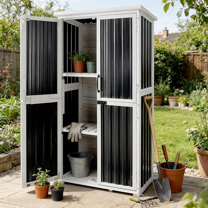Aivituvin Outdoor Storage Shed with Wood and Metal Frame, Garden Sheds with Waterproof Plastic Roof, Adjustable Shelves and Ventilated Blinds, Garden Tool Cabinets for Outdoor (Black, Plastic)