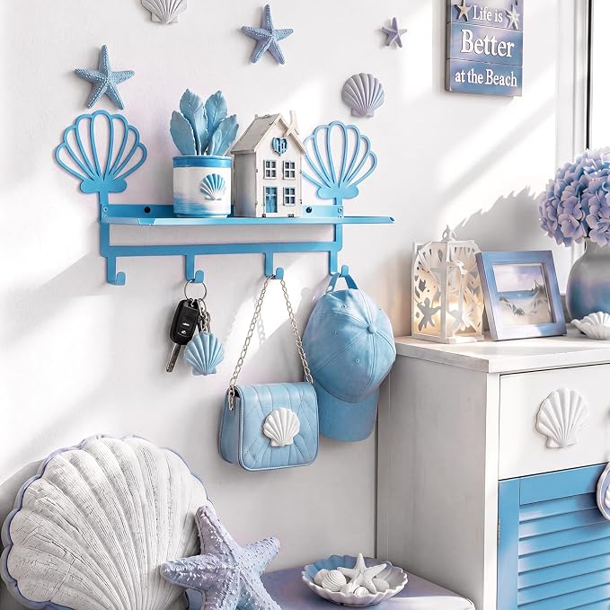 Blue Seashell Coat Rack Wall Mount with Shelf Metal Entryway Hanging Shelf with 4 Hooks Cute Beach Coastal Bedroom Accessories Decor for Dog Leash Pet Collar Keys Clothes Hats Towel Purse