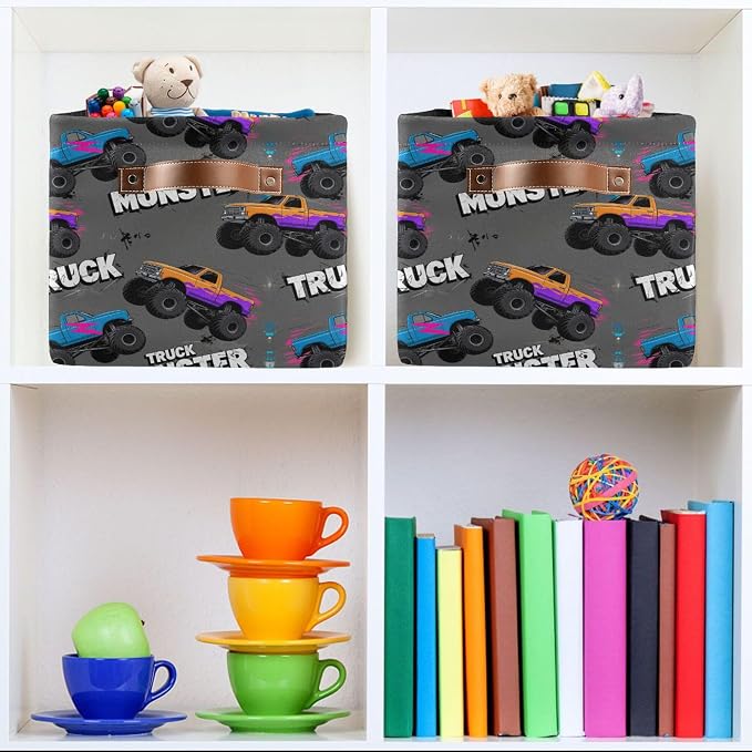Wamika Monster Truck Black Red Blue Storage Basket Fabric Toy Baskets Racing Cars Boys Open Home Storage Bins Boxes Foldable Organizer Bag for Toy Book Shelf Closet Baskets 16×12×8 Inches 2 Pack