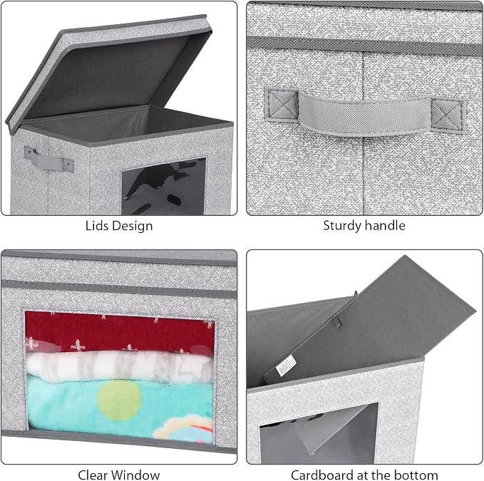 Univivi Fabric Storage Bins with Lids for Closet, 4 Pack, Grey | Fabric Foldable Storage Boxes, Sturdy Collapsible Storage Bins with Clear Window, Storage Cubes for Home, Closet, Shelves