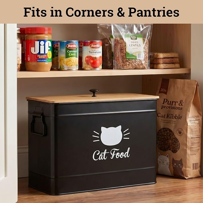 Metal Cat Food Container with Scoop, 15lb (50 Cup) w/ Airtight Bamboo Lid | 15 lb / 50 Cup Capacity, 1 Cup Metal Scoop, Durable Powder Coated Iron Body, Rubber Lined Bamboo Lid, Sturdy Metal Handles