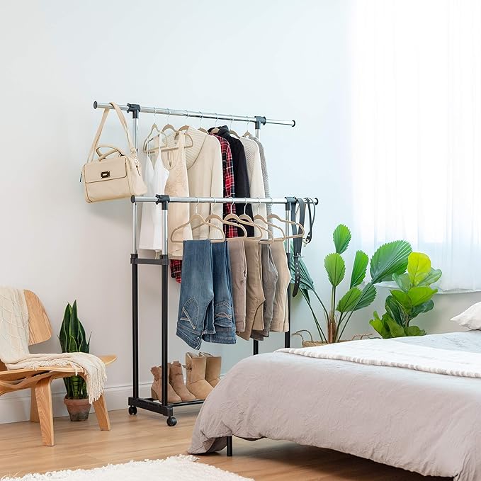 IRIS USA Portable Double-Rod Height Adjustable Clothes Rack with Extendable Bar and Lockable Wheels, Rolling Garment, Double Rod Wardrobe Rack, Easy Assemble, for Clothes, Belts, Shoes, and Bags | Adjustable hanging space for garments, accessories, and...