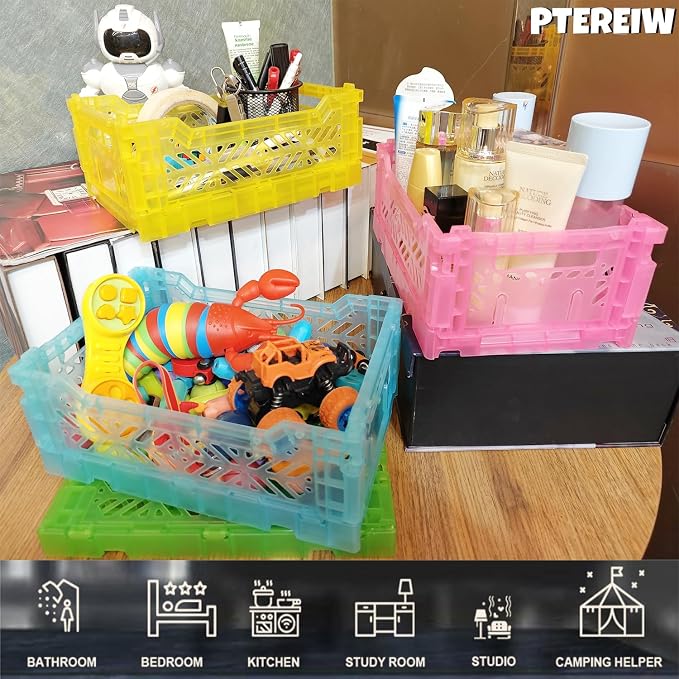 4L Plastic Storage Crates, Collapsible Basket for Home Offce Desk Organize | Space Saving and Foldable Bins for Classroom, Kitchen, Bedroom (Pink)