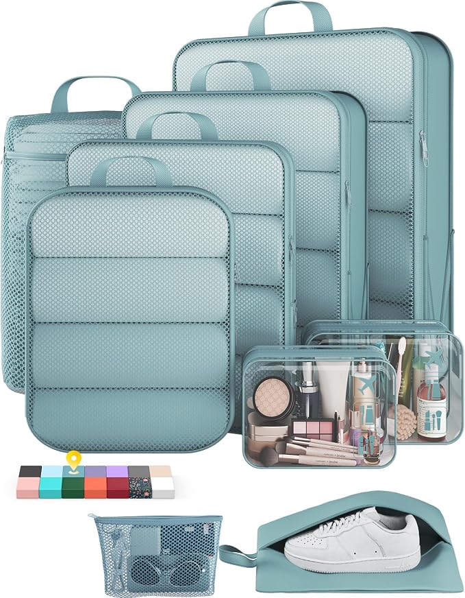 Veken 9/11 Set Compression Packing Cubes Garment Bags for Travel Essentials,Compressible Expandable Luggage Organizer Bags for Clothing,Space Saver Bags with Over 1000 pcs of Mesh Holes(Blue Gray)