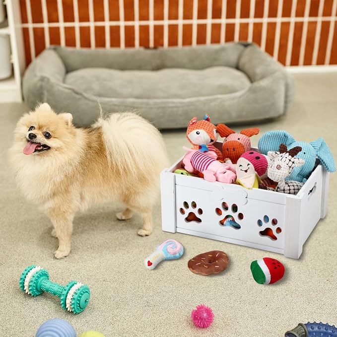 Briwooody 3 Pack Dog Toy Bin Wood Large Dog Toy Basket with Handle and Bone Tags Multi-size Hollow Claw White Wooden Storage Crates for Chew Pets Blankets Food Leash Display Accessories