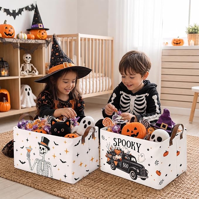 Britimes Happy Halloween Storage Baskets, Spooky Toy Storage Bins Box, 3Pcs | Halloween Skeleton Vintage Canvas Collapsible Baskets Organizer with Handles Nursery Decor Laundry Basket for Shelves Closet