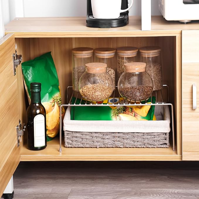 Tomorotec Spice Rack Cabinet Organizer, Expandable Steel, Kitchen, Silver | Stackable Two-Pack Storage Shelves with Anti-Slip Protective Rubber Feet for Pantry or Countertop