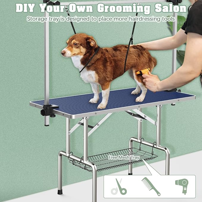 46'' Stainless Steel Pet Dog Grooming Table, Arm/Noose/Tray, Blue | Foldable Dog Grooming Table for Dogs at Home, Adjustable Height Arm, Non-Slip Waterproof Tabletop, Capacity 330Lb