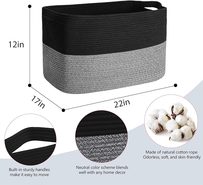 MEGASKET Extra Large Storage Baskets, 22" x 17" x 12" Black Baskets for Organizing, Rectangle Woven Basket for Blankets, Toys, Towels, Laundry, Decorative Wicker Storage Basket, Basket for Decor