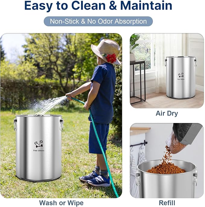 Paw Libero 25 Lbs Stainless Steel Dog Food Storage Container with Airtight Wooden Lid & Ceramic Bone Handle, Large Metal Dog Food Bin for Dogs & Cats, Keep Fresh, Easy to Clean