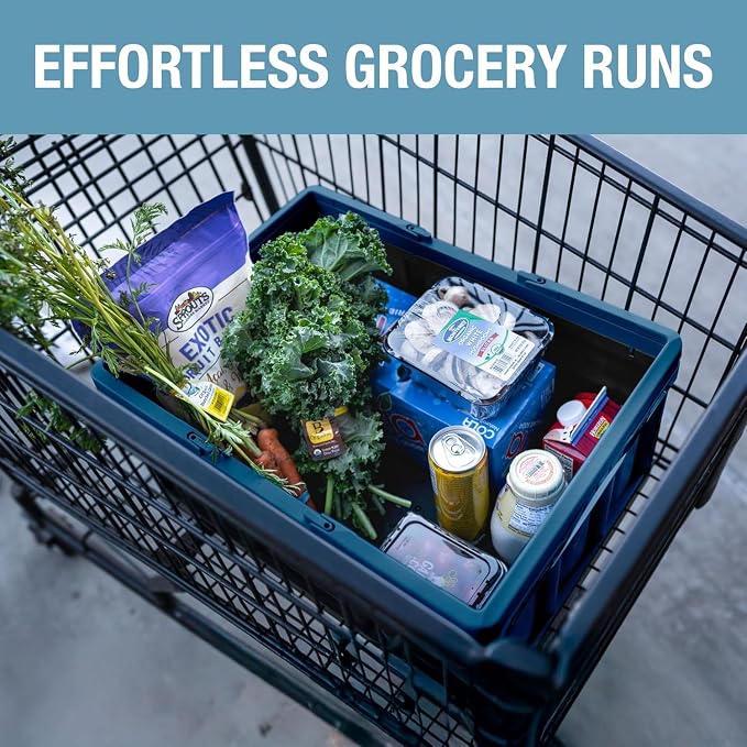 CleverMade Collapsible Shopping Basket, 32L Storage Crate, 1 Pack, Ocean | Carry Bigger Grocery Hauls with Confidence | Rigid Walls Hold 35 lb, While Top and Side Handles Balance the Load