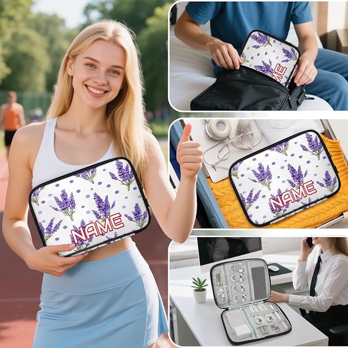 Custom Electronics Organizer Purple Polka Dots Lavender Travel Cable Pouch Large Tech Accessories Case Waterproof Cord Storage Bag for Power Bank Charger Phone Earphone