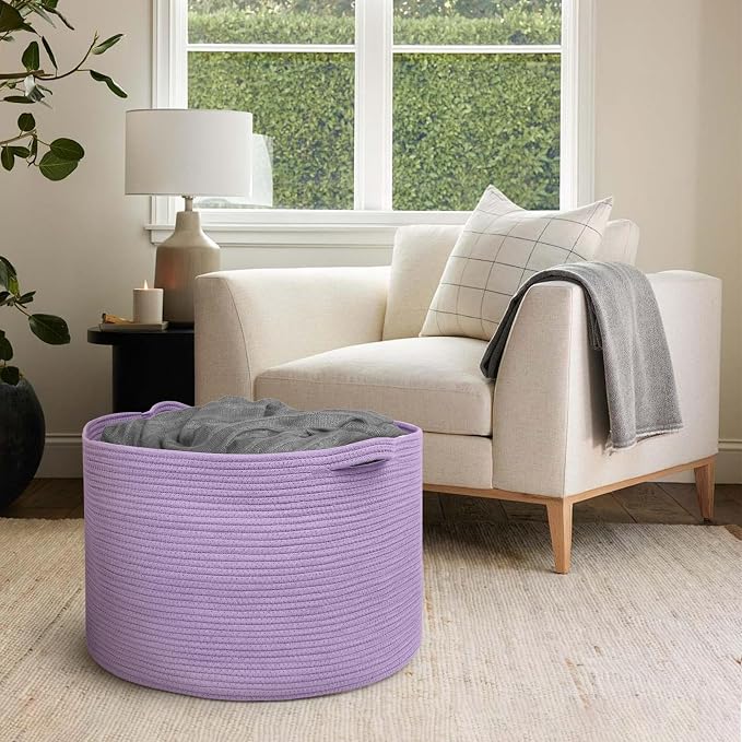 115L Extra Large Purple Storage Basket, 23.6" X 15.7" Jumbo Woven Cotton Rope Bin for Throw Blankets Pillows, Baby Laundry Basket, Dirty Clothes Organizer, Big Storage Box for Toys, Towels