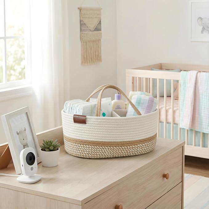 DECOMOMO Baby Caddy Organizer, Large Diaper Caddy Basket | Baby Baskets for Baby Shower (Spiral Beige & White)