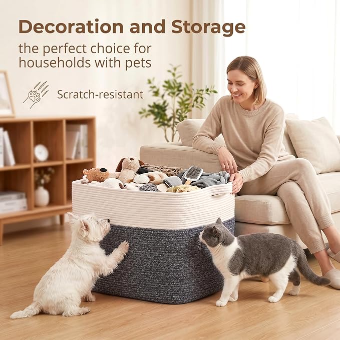 OIASKET 108L Cotton Rope Storage Basket for Living Room and Bedroom 25"x16"x16" Woven Laundry Basket, Heavy Duty Bin for Blankets, Pillows & Toys, Pet-Safe & Scratch-Free, Dark Grey and White