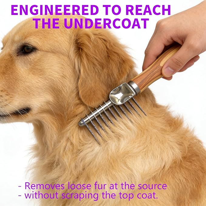 Dog Dematting Comb & Rake, Stainless Steel Pet Grooming Brush for Mats & Tangles, Gentle Undercoat Rake for Doodles, Poodles, Goldendoodles, Long/Short Haired Dogs & Cats, Non-Slip Wooden Handle