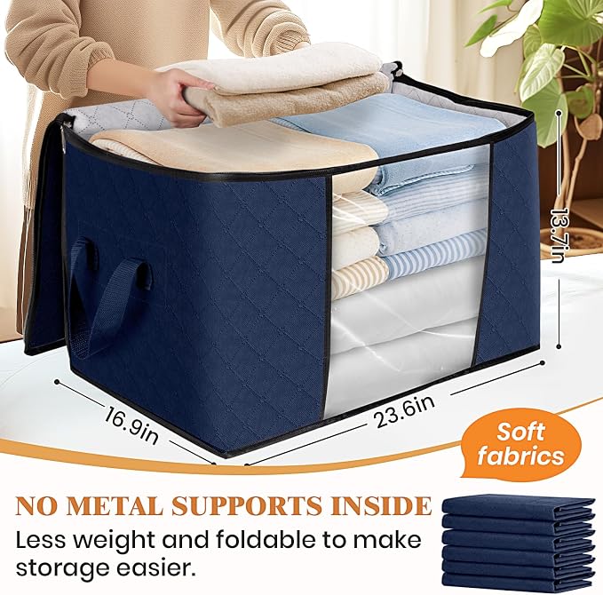 90L Clothes Storage, Foldable Thick Fabric Blanket Storage Bags | Foldable Containers with Zippers,Window and Handles for Organizing Bedroom, Closet, Comforter, Bedding,Dorm essentials