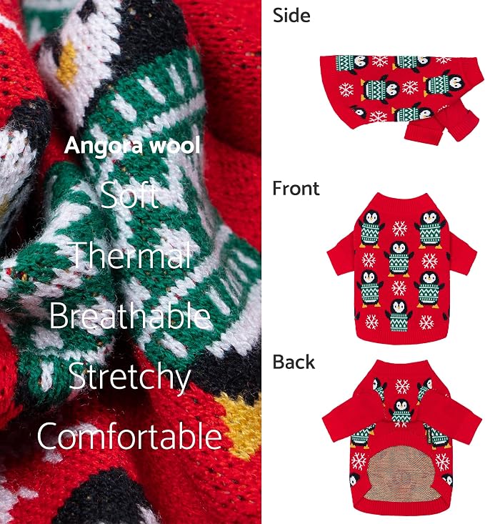 Fitwarm Funny Penguins Dog Ugly Christmas Sweater, Winter Dog Clothes for Small Dogs Girl Boy, Pet Xmas Outfit, Green, Red, White, Medium